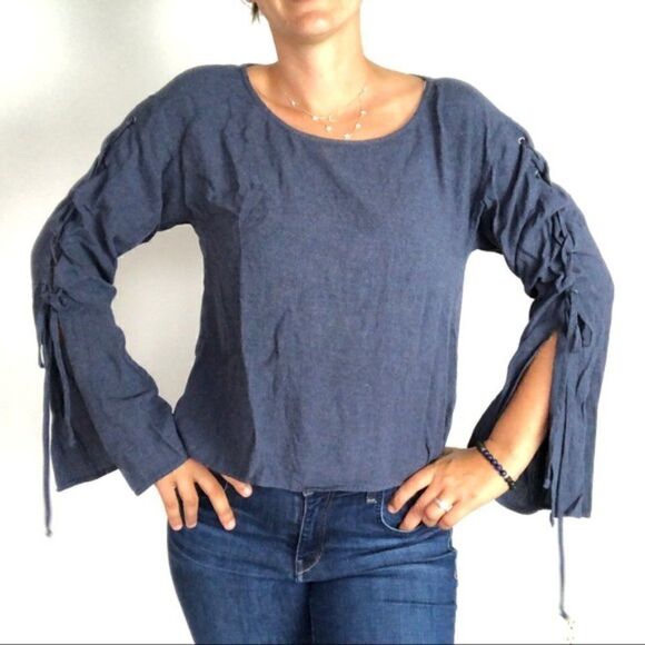 Cloth & Stone Lace Sleeve Chambray Blouse XS Blue - Picture 2 of 9